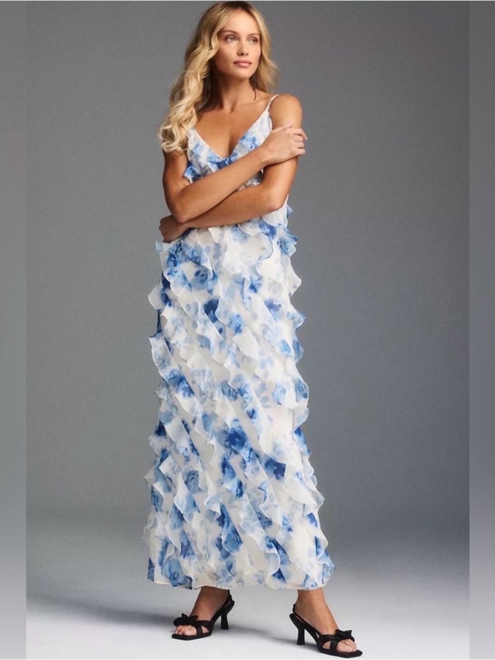 NWT BHLDN Blue & White Ruffle Maxi Dress Size 14 - Picture 2 of 8